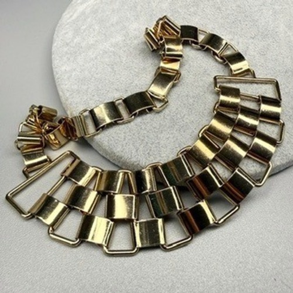 Vintage Gold Tone Geometric Link Bib Necklace 15" Retro Statement 1970s